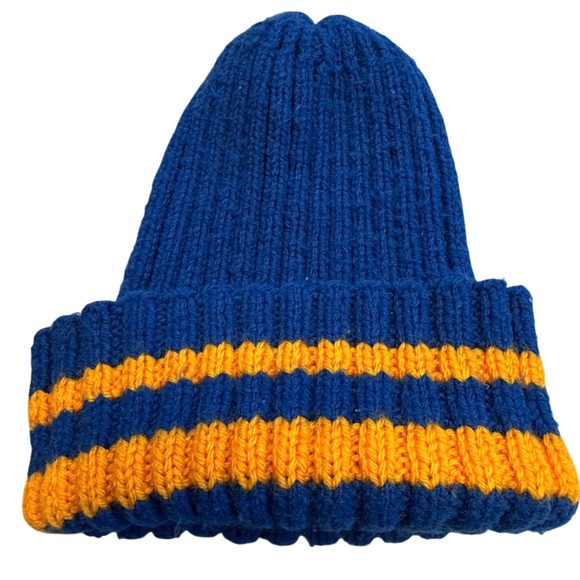 Accessories - Vintage Knit‎ Beanie Hat Blue Orange Striped Bobble Hat Winter Warm
